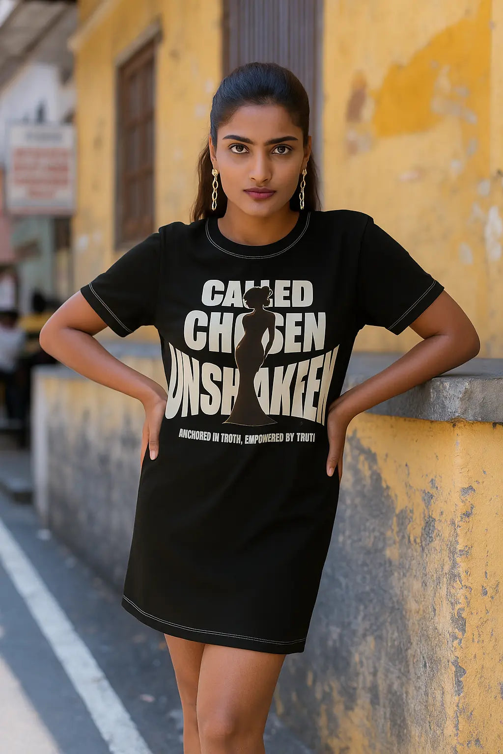 Called Chosen Unshaken T-Shirt Dress for Empowered Women Printify
